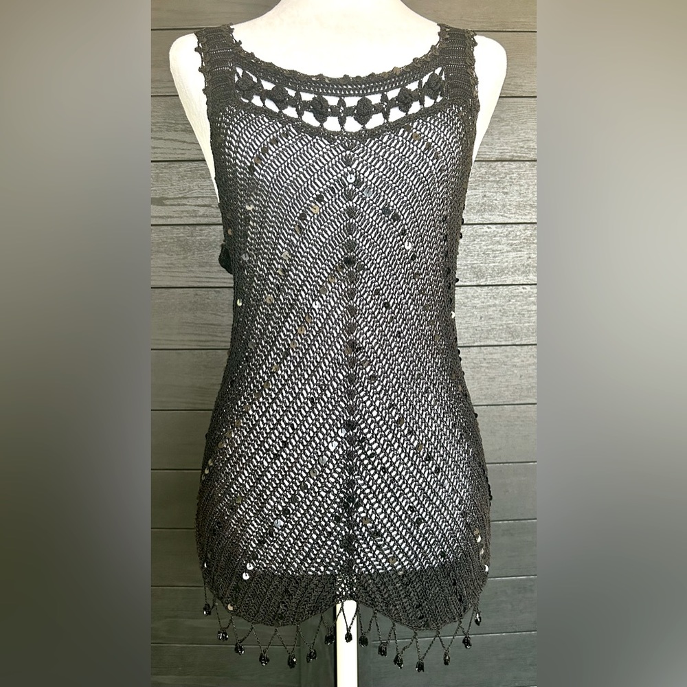 Open-Mesh-Knit Black Embellished See-Through Tank Tunic or Beach Cover, Medium